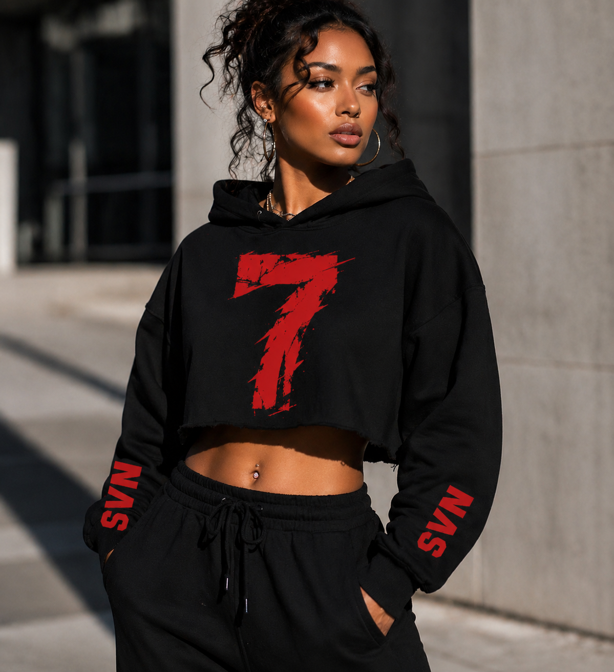 SVN Women's Cropped Hoodie – Distressed Red 7